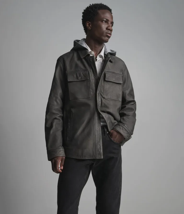 Atlas Hooded Vintage Shirt Jacket in charcoal, gallery image 1 of 6.