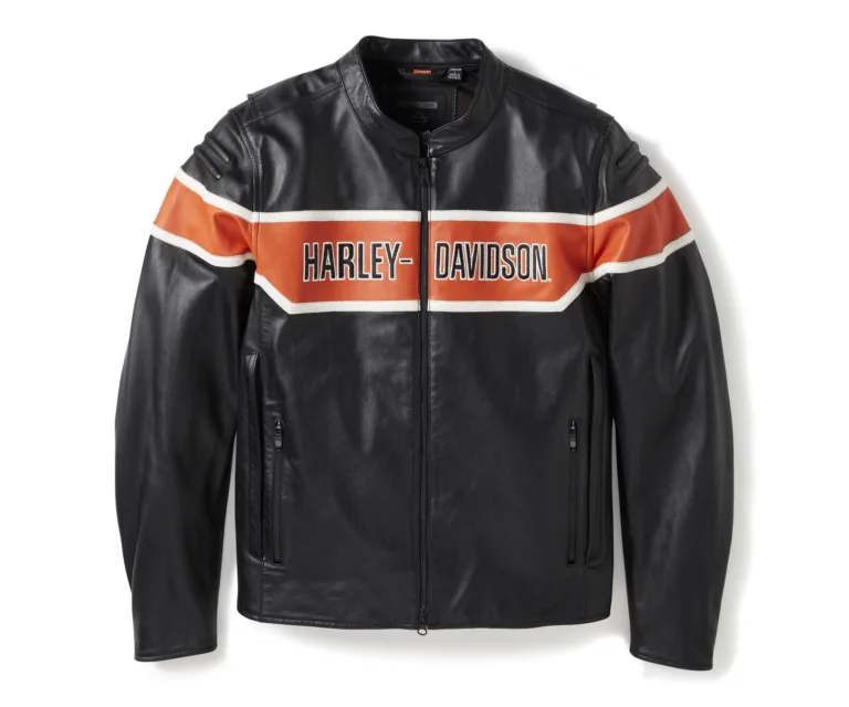 Harley-Davidson Men's H-D Trenton Leather Riding Jacket in Colorblock - Harley Black & Vintage Orange, product image 1.