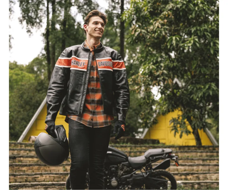 Harley-Davidson Men's H-D Trenton Leather Riding Jacket in Colorblock - Harley Black & Vintage Orange, product image 4.