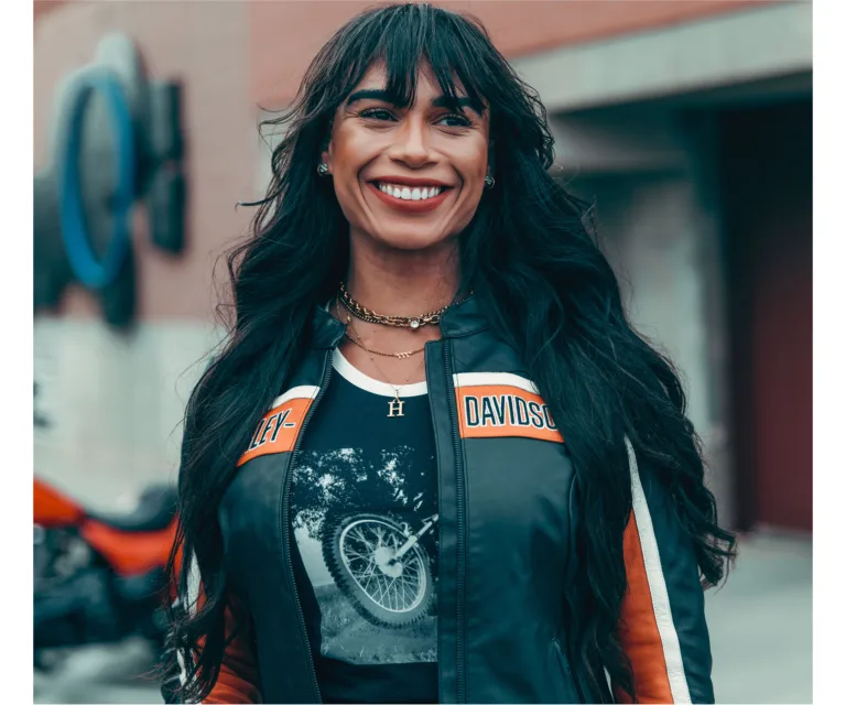 Harley-Davidson Women's H-D Trenton Leather Riding Jacket in Colorblock - Harley Black & Vintage Orange, product image 5.