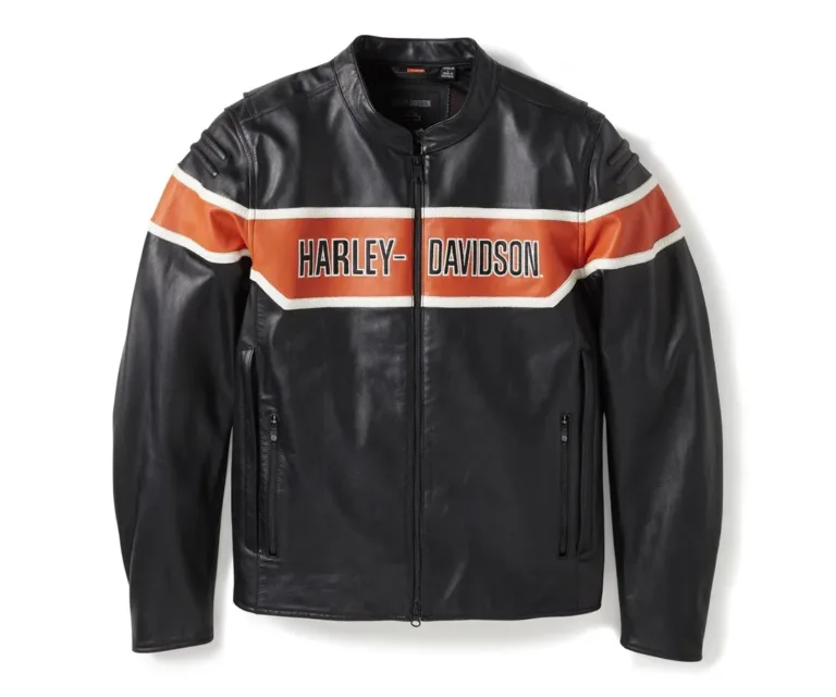 Harley-Davidson Men's H-D Trenton Leather Riding Jacket in Colorblock - Harley Black & Vintage Orange, product image 1.