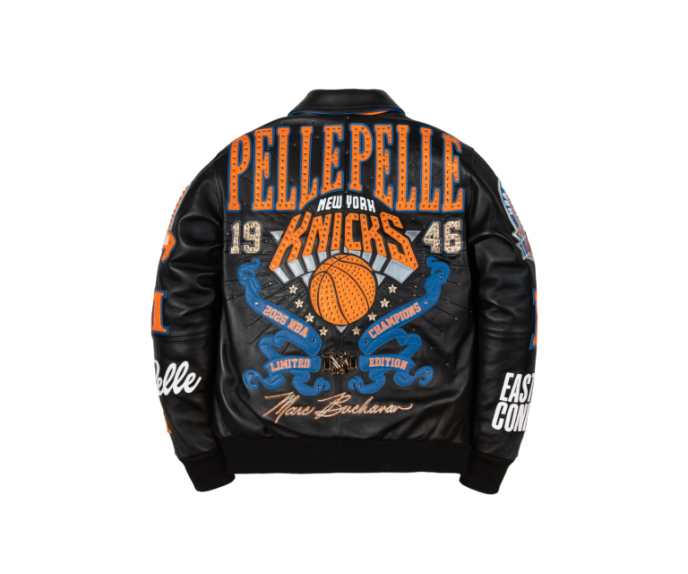 Pelle Pelle x FISLL City of Knicks jacket in Black / Orange / Royal - back view