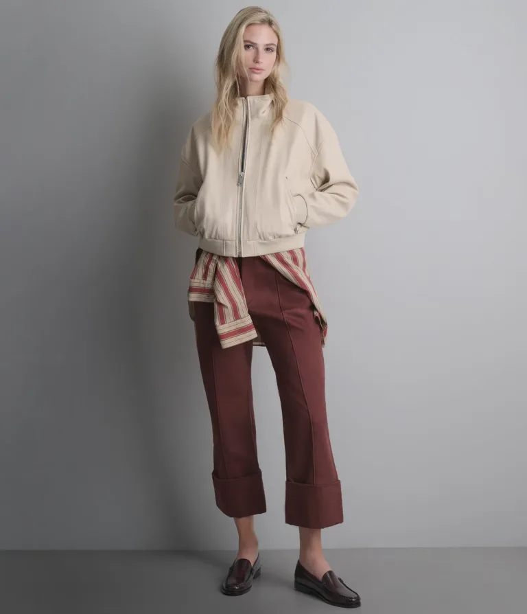 Twila Cropped Leather Bomber Jacket in Cream, official Wilsons Leather product photo 2