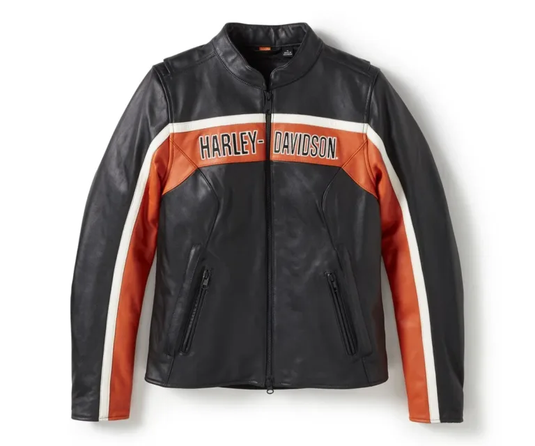 Harley-Davidson Women's H-D Trenton Leather Riding Jacket in Colorblock - Harley Black & Vintage Orange, product image 1.